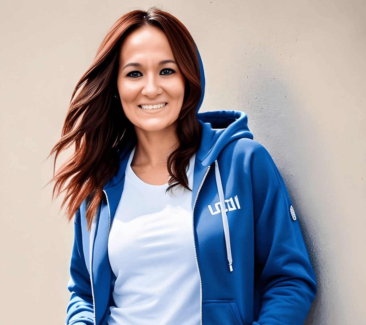 Person with long hair wearing a blue hoodie and white shirt against a neutral background.